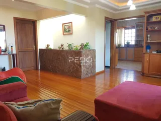 A sala de estar possui piso de madeira e uma parede decorativa de pedra.