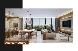 Sala de jantar e estar com vista para o exterior da residência.