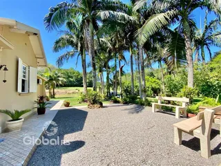 Vista da fachada de uma casa com jardim e árvores.