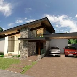 Fachada de uma casa em Lajeado, Brasil, com revestimento de pedra.