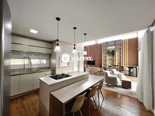 Cozinha e sala de jantar integradas com piso de madeira.