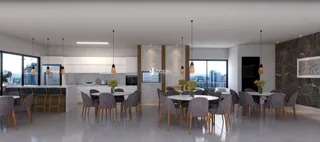 Imagem de uma sala de estar moderna com piso claro e grandes janelas.