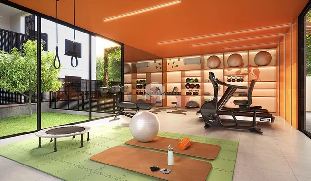 Sala de estar moderna com parede laranja e decoração contemporânea.