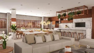 Sala de estar com sofá e painel de madeira na residência.
