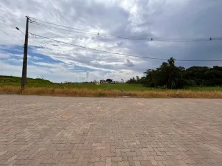 Vista externa de uma área gramada com pavimento em Lajeado.