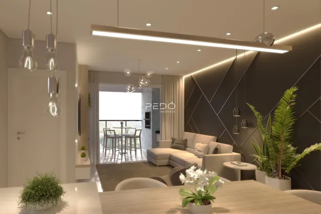 Ambiente moderno de sala de estar e jantar com decoração contemporânea.