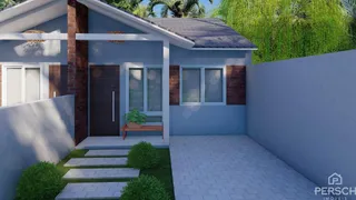 Fachada de uma residência com revestimento de tijolo aparente e pintura azul clara.