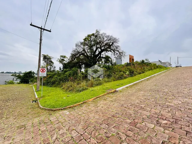 Vista da propriedade com gramado e estrada de paralelepípedos.