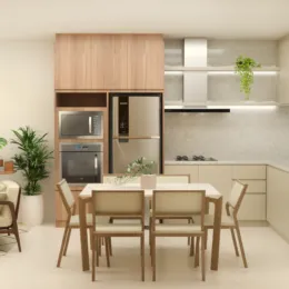 Cozinha com armários de madeira e eletrodomésticos em um apartamento.