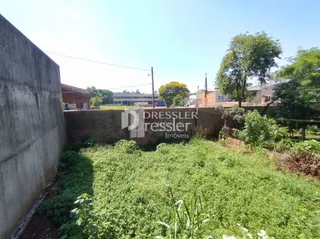 Vista externa de um terreno com muro e vegetação.