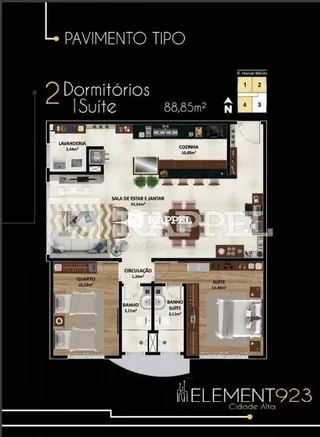 Planta baixa mostrando a disposição de dois dormitórios e suíte em um imóvel.