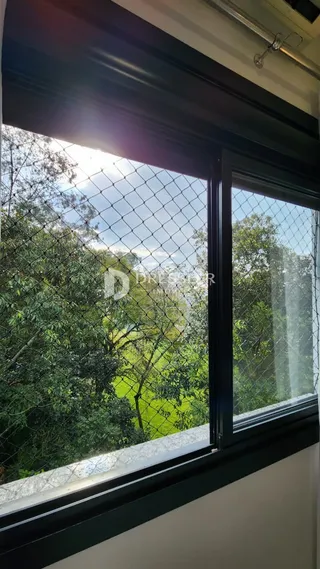 Vista da paisagem verde através da janela da propriedade.