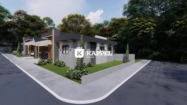 Fachada moderna de uma residência em Lajeado, Brasil, com paisagismo frontal.