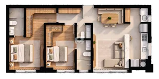Planta baixa de um apartamento moderno mostrando a disposição dos cômodos.