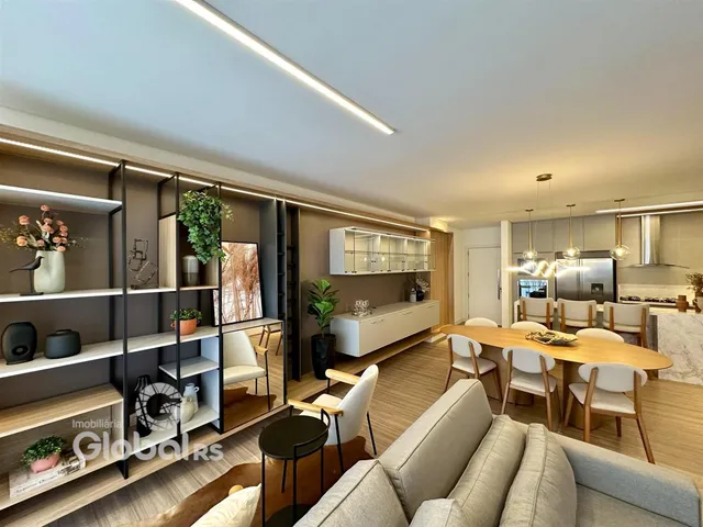 Sala de estar com decoração moderna e piso de madeira.