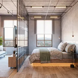Quarto moderno com cama e grandes janelas em um apartamento.
