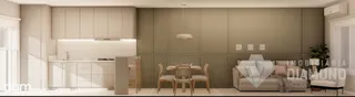 Ambiente interno de uma sala com armários embutidos e paredes neutras.