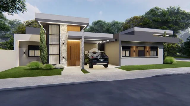 Fachada de uma residência moderna com acabamentos em pedra e madeira.