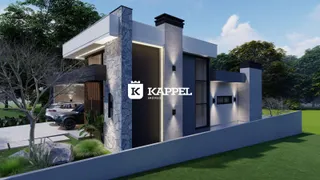 Renderização da fachada de uma casa moderna com paisagismo em Lajeado, Brasil.
