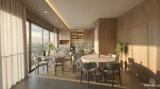 Sala de jantar moderna com grandes janelas e painéis de madeira.