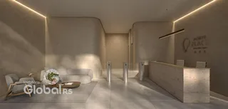 Vista de um ambiente moderno com sofá e bancada em renderização.