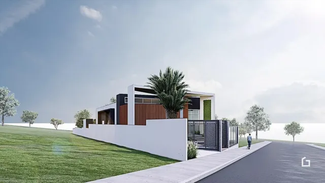 Fachada de uma casa moderna com jardim em Lajeado, Brasil.