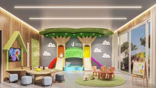 Renderização de um ambiente interno com decoração temática de floresta.
