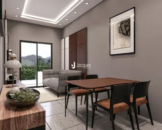 Sala de estar moderna com grandes janelas e vista para a paisagem externa.