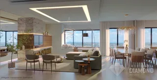 Sala de estar ampla com luminárias modernas e vista panorâmica para a paisagem.