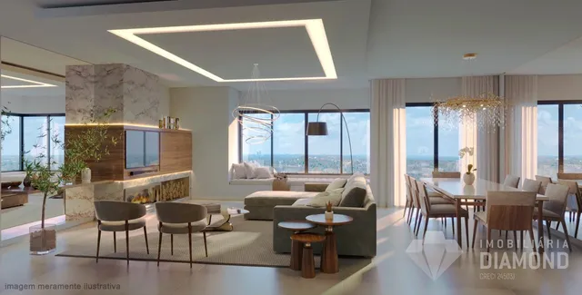 Sala de estar ampla com luminárias modernas e vista panorâmica para a paisagem.