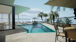 Vista de uma piscina e jardim em uma propriedade no Brasil.