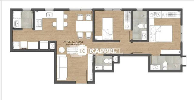 Planta baixa de um apartamento mostrando a disposição dos cômodos.