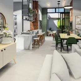 Sala de estar moderna com grandes janelas e vista externa.