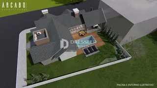 Vista ilustrativa da fachada de uma residência com piscina e jardim.