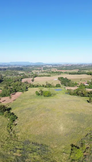 Vista aérea de campos verdes e vegetação em uma paisagem rural.
