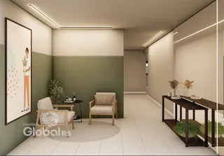 Sala de estar com paredes verdes e piso claro em um imóvel.