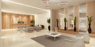 Sala de estar moderna com painéis de madeira e decoração contemporânea.
