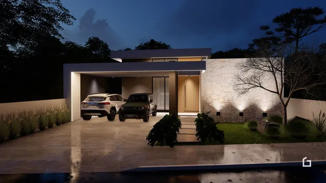 Vista externa de uma residência moderna em Lajeado, Brasil, ao anoitecer.