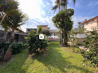 Um jardim verde com árvores e grama bem cuidada é visível na propriedade.