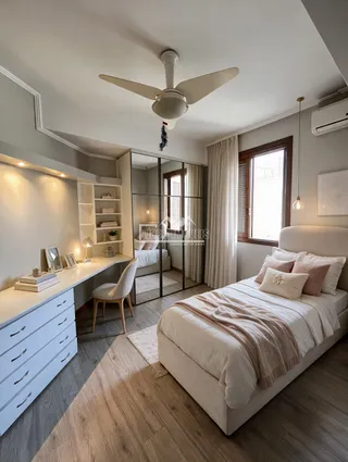 Quarto com cama e armário branco em um ambiente claro.