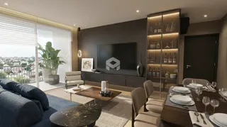 Sala de estar moderna com vista para a paisagem.