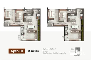 Planta baixa de um apartamento com duas suítes em Lajeado, Brasil.