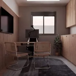 Sala de estar com mesa e cadeiras de madeira em ambiente com painéis de madeira.