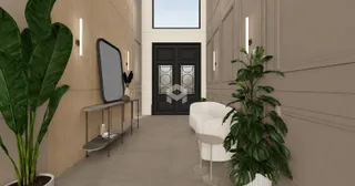 Hall de entrada com paredes de madeira e espelho na área residencial.