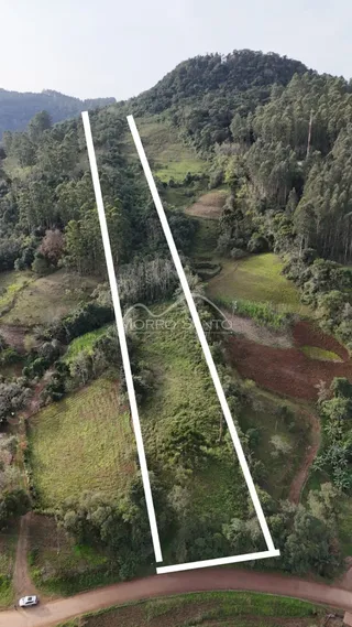 Vista aérea de colinas verdes e campos no interior de Lajeado.