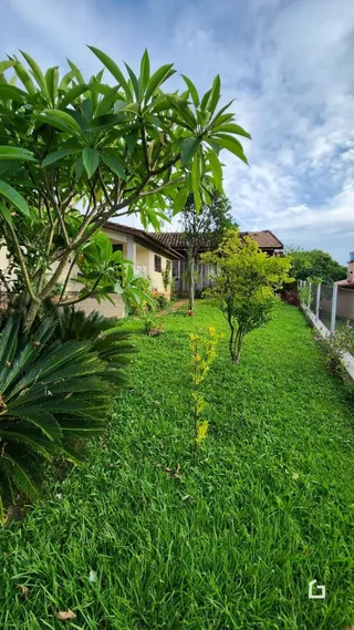 Paisagem verde com gramado e árvores em frente a uma residência.