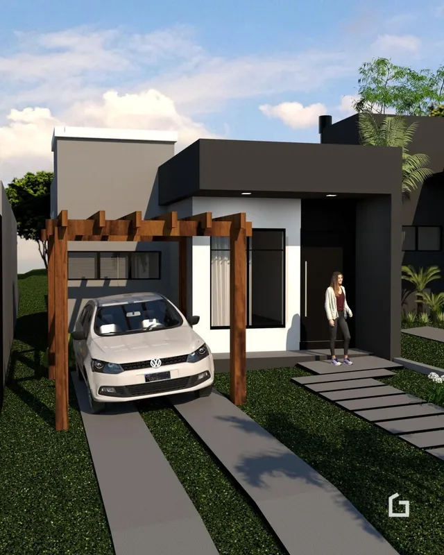 Fachada de uma casa moderna com entrada de madeira em Lajeado.