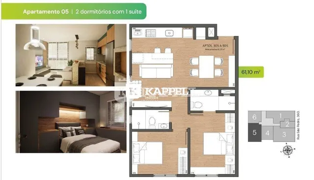 Planta baixa de um apartamento de 61,10 m².
