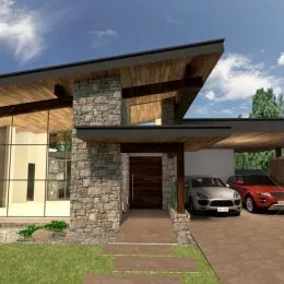 Fachada de uma residência com revestimento de pedra e estrutura de madeira.