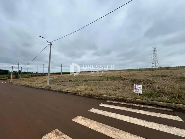 Uma estrada asfaltada atravessa um campo gramado sob um céu nublado.